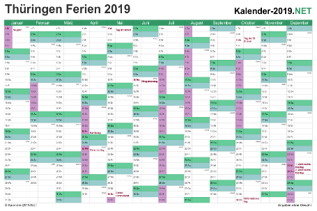 Kalender mit Ferien Thüringen 2019 Vorschau